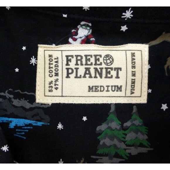 NWT Free Planet Mens All Over Christmas Button-Up Shirt Black Reindeer & Santa M - Picture 4 of 11